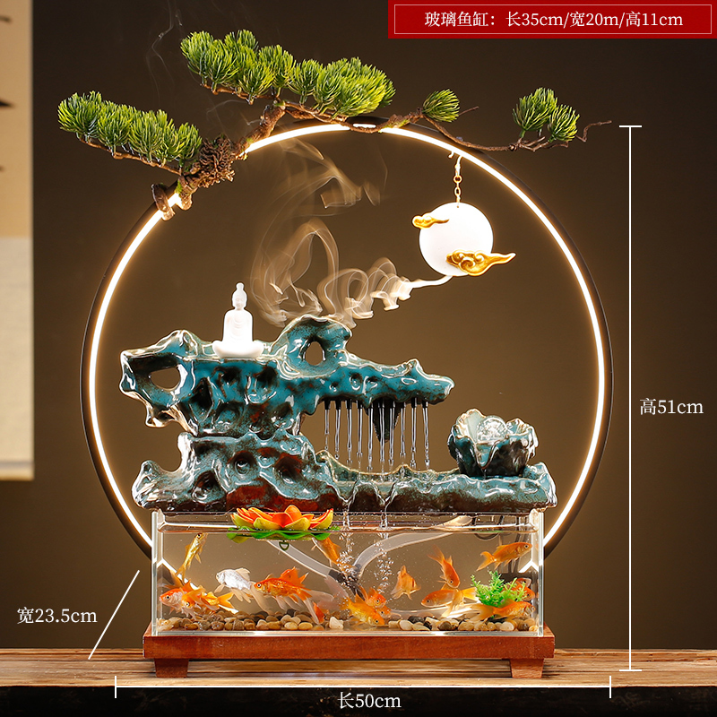创意招财循环流水生财玻璃金鱼缸摆件办公室桌面客厅乔迁开业礼品