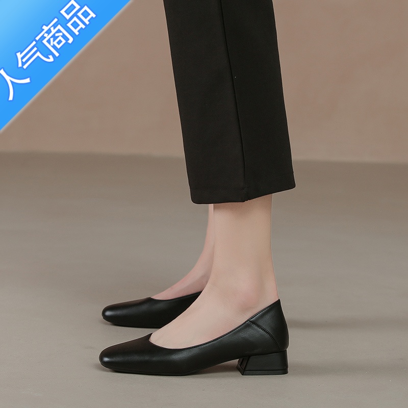 SUNTEK公务员面试女鞋三公分高跟鞋女软皮黑色工作皮鞋浅口通勤低跟单鞋高清大图