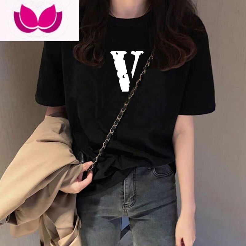 七斓黑色小众设计感t恤女显瘦短袖2023夏季新款印花宽松港风上衣