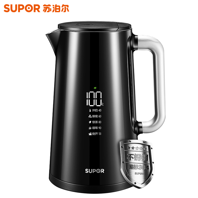 苏泊尔(SUPOR)电水壶SW-17S62A 1.7L大容量 智能水壶 家用烧水壶液晶屏 304不锈钢 STRIX温控