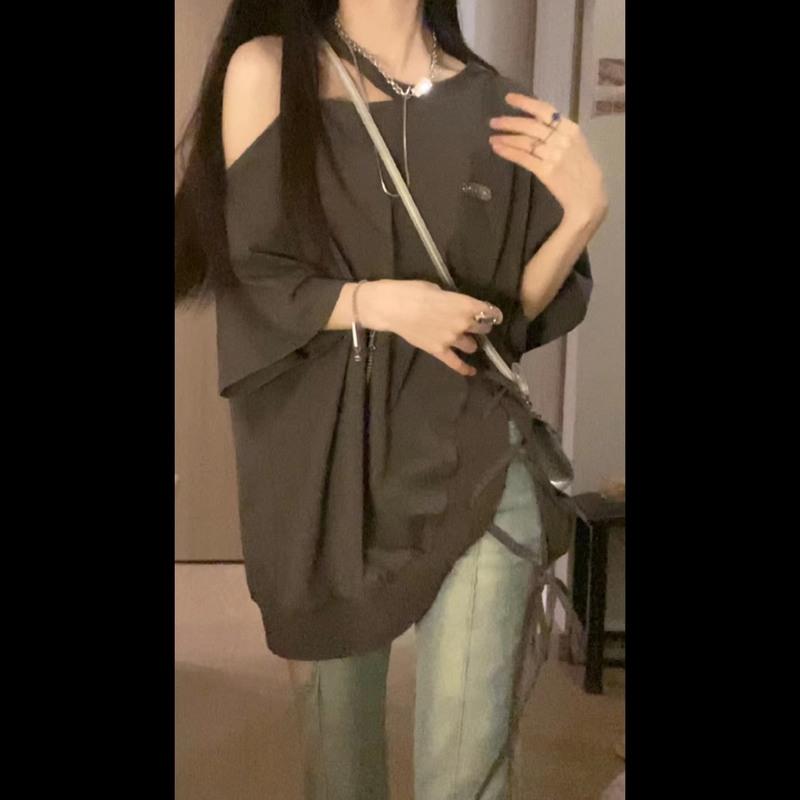 灰色 S 二十一碗饭绳索T恤女夏季小众设计感辣妹镂空露肩短袖上衣