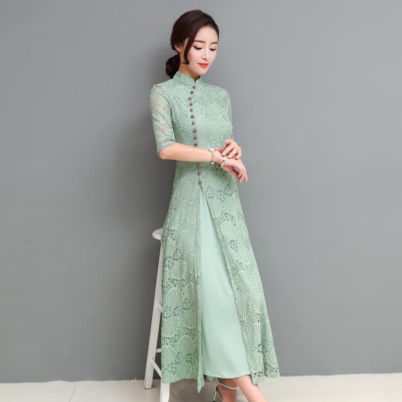 女士年春新品女装复古立领改良旗袍礼服气质开叉A字裙蕾丝连衣裙