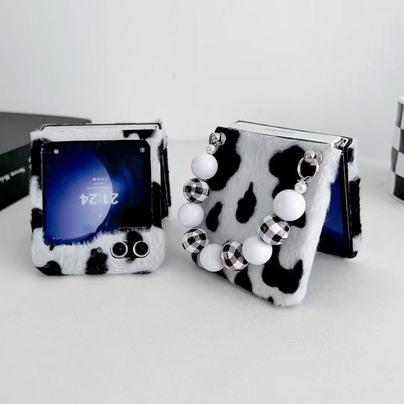 可波 适用于毛绒奶牛纹三星zflip6奶牛毛绒壳三星zflip6折叠新款挂绳保护套网红防摔壳