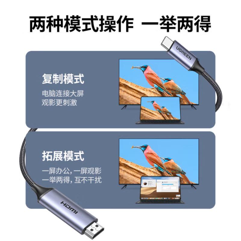 绿联Type-C转HDMI线雷电4/5转换器USB-C转接头扩展4K60/2K144Hz投屏适用笔记本电脑手机1.5m图片