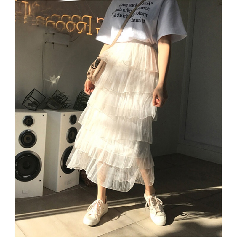 2018新款夏ins超火的网纱百褶裙半身裙高腰多层次仙女长裙米白色均码