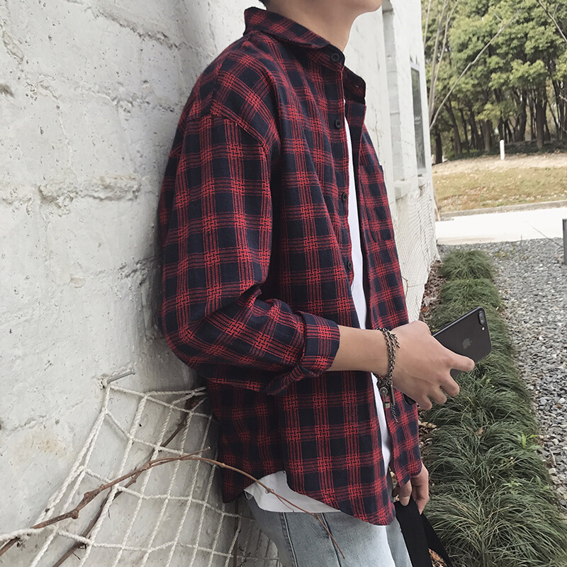 格子衬衫男长袖春秋韩版休闲宽松潮流帅气青少年寸衫男士衬衣