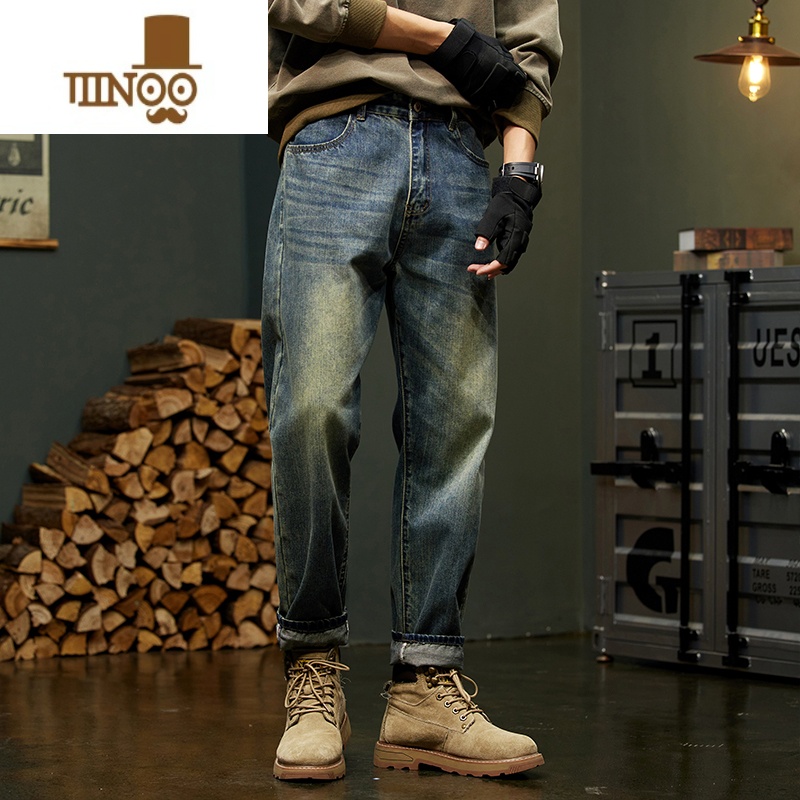 YANXU秋季复古牛仔裤男士潮牌2023新款美式大码男装宽松直筒长裤子高清大图