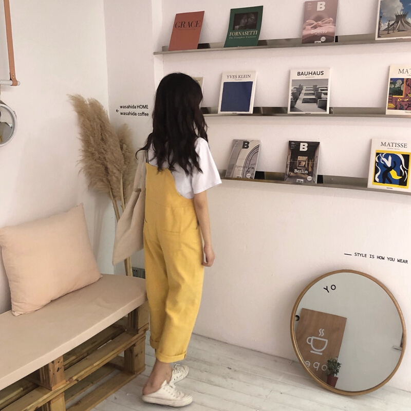 破洞连体裤女春夏装2018新款韩版宽松工装背带裤九分直筒休闲裤潮卡其色均码