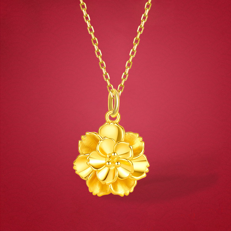 gzuan古钻珠宝牡丹花黄金大花送妈妈礼物黄金吊坠赠s925银镀金项链yjd