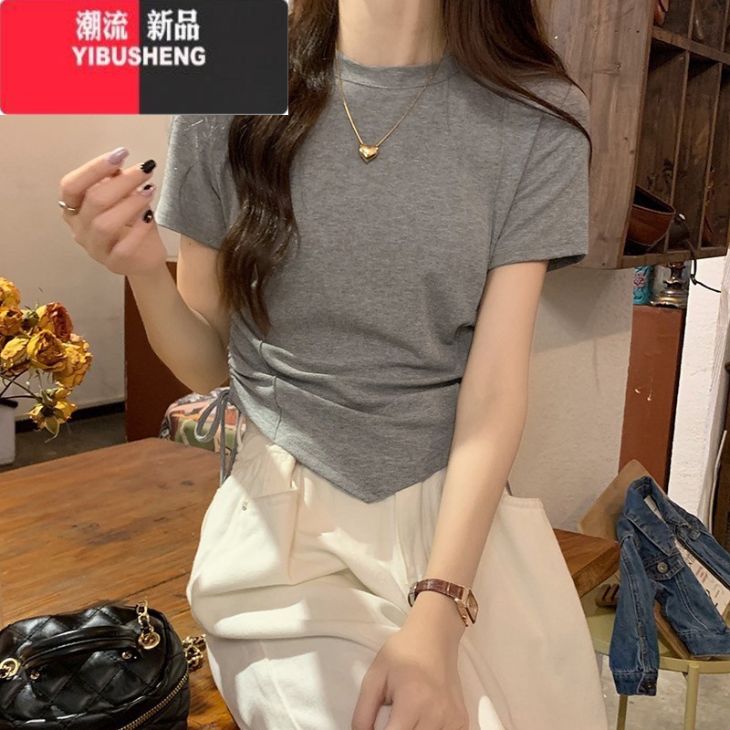 YIBUSHENG纯欲辣妹风抽绳设计感短袖t恤女季新款不规则修身显瘦短款上衣高清大图