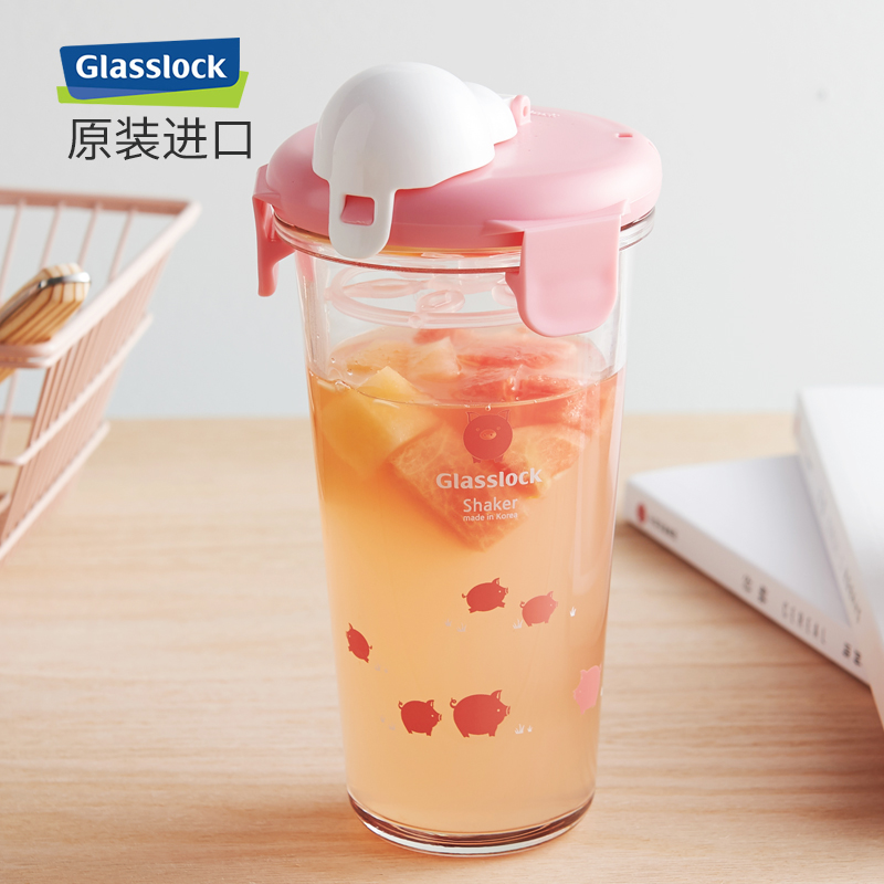 三光云彩(GLASSLOCK)水杯韩国原装进口玻璃带刻度办公室随手杯女生可爱带盖牛奶杯小鲸鱼款pc618 450ml高清大图