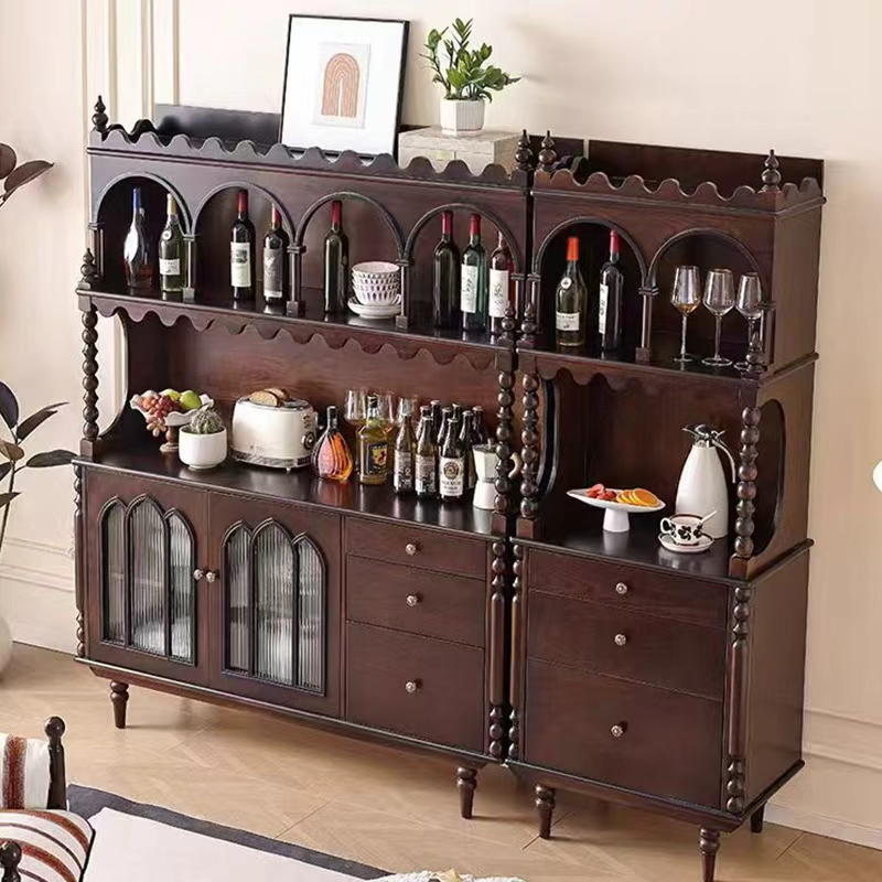 复古实木餐边柜餐厅一体靠墙柜储物柜客厅茶水柜中古风酒柜收纳柜高清大图