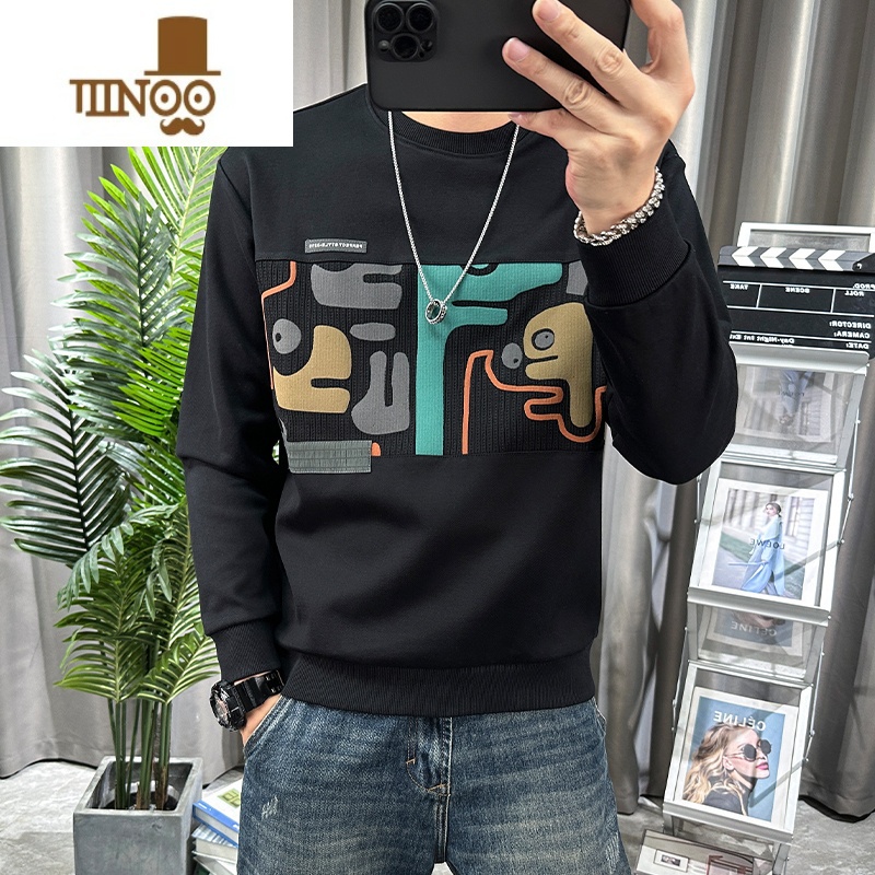 YANXU秋季卫衣男卡通拼接套头上衣流行情侣装圆领休闲男装外套2023新款