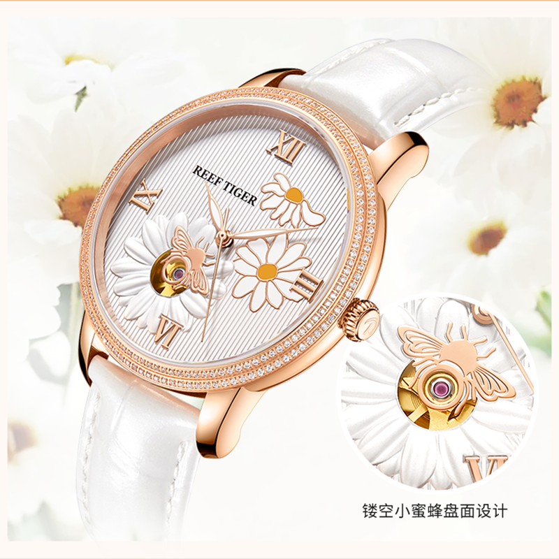 机芯全自动机械表女士休闲小蜜蜂花朵镂空防水品牌轻奢女表rga1585