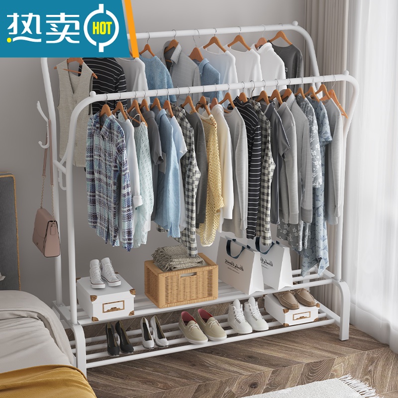 敬平简易晾衣架落地室内折叠挂衣架子衣帽架双杆式家用卧室衣服收纳架 110cm- 黑色[单杆挂衣+单层置物+双边衣帽钩]高清大图
