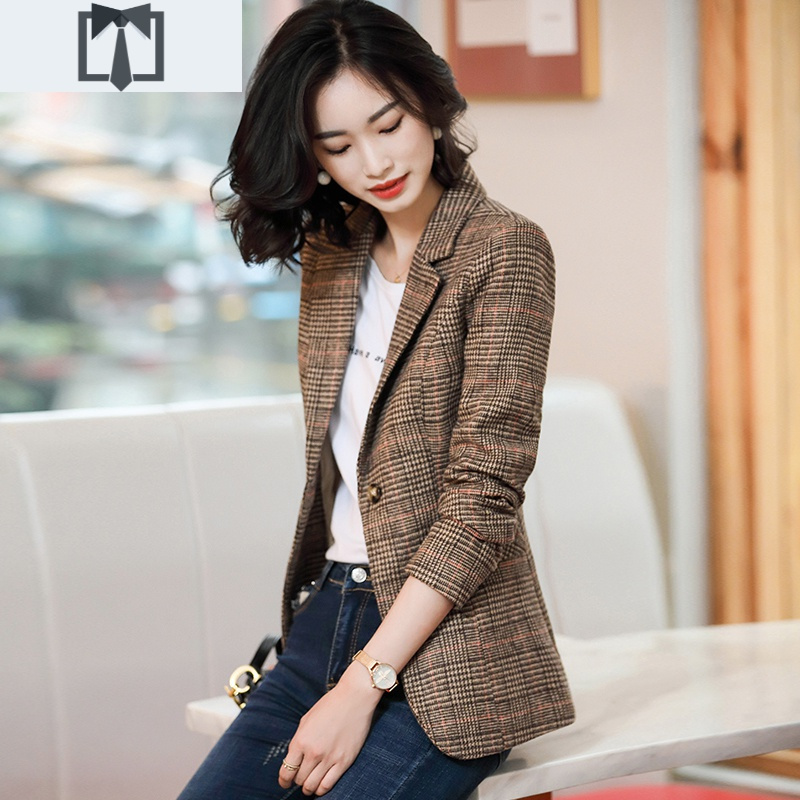 suntek格子西装外套女春秋短款韩版百搭休闲上衣修身收腰小个子150cm