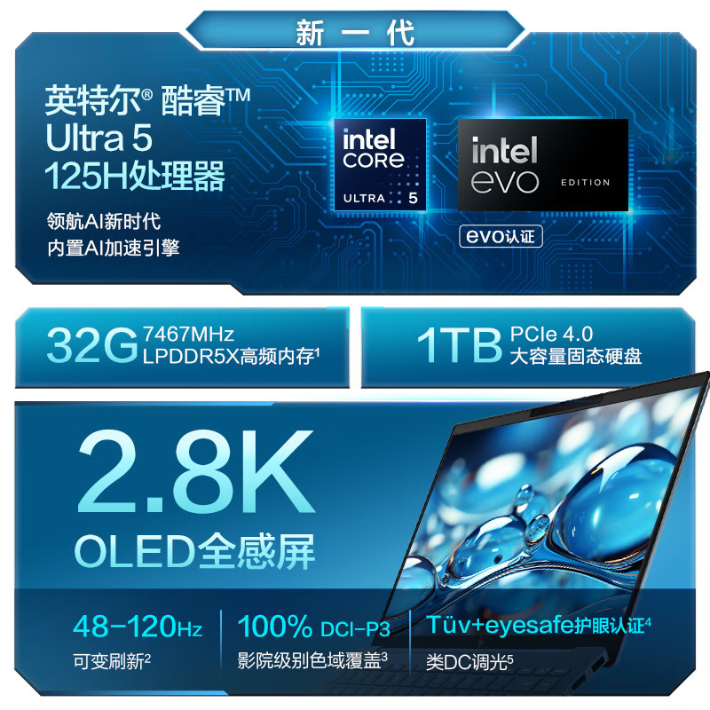 惠普HP 星Book Pro 14-ew1058TU 14英寸AI轻薄本战力本笔记本电脑(酷睿Ultra5-125H 32GB内存 1TB固态 2.8K 120HZ OLED屏)蓝