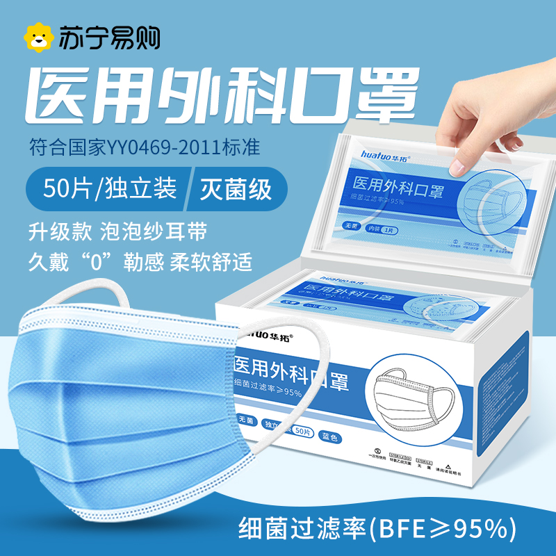 医用外科口罩一次性医疗口罩灭菌级单只独立包装医护透气三层防护带熔喷布防病菌专用成人男女50只蓝色高清大图