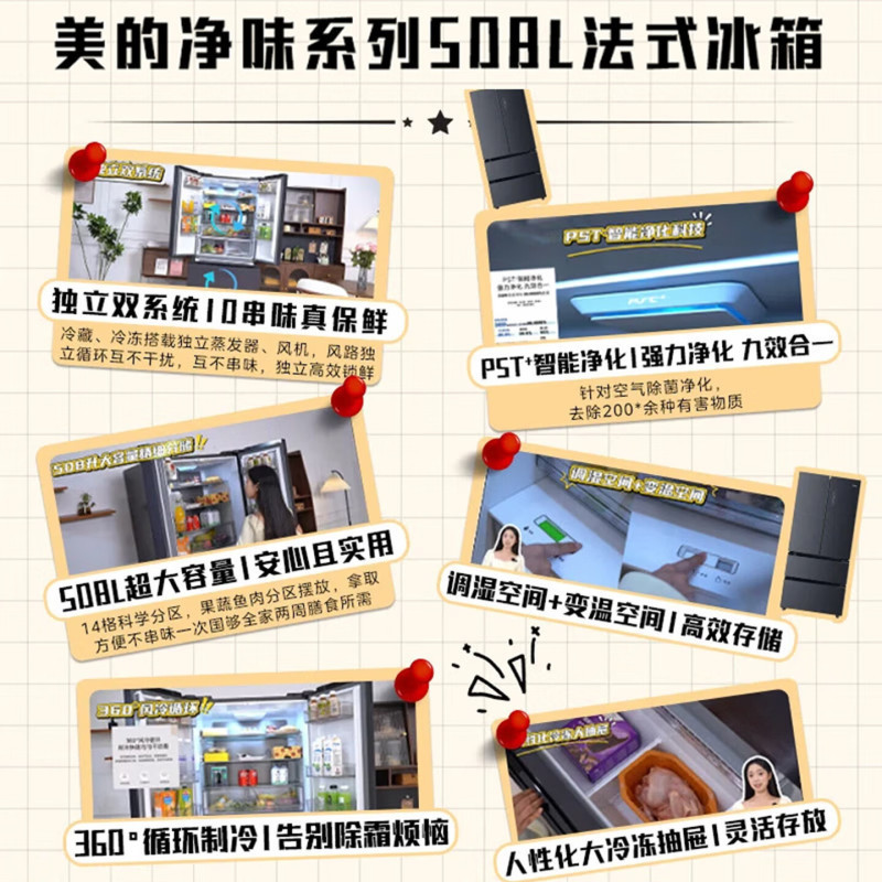 [自营]美的冰箱(Midea)508净味法式多门冰箱高端系列智能杀菌BCD-508WTPZM(E)以旧换新高清大图