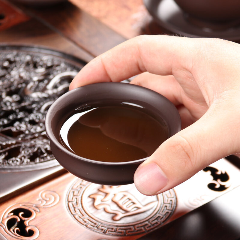 尚帝 古典镂空雕刻黑檀木茶盘实木茶台整套茶具陶瓷功夫茶具茶壶茶杯 龙凤紫砂侧把13入智能旋转电热炉套装