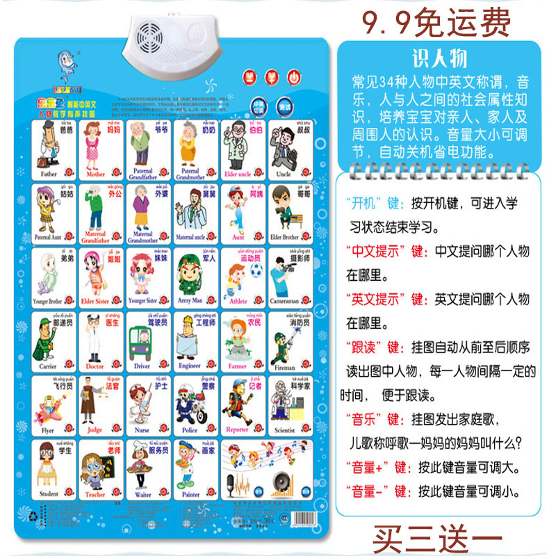 儿童玩具有声挂图早教发声挂图婴幼儿童益智早教玩具识字认知挂图 识人物
