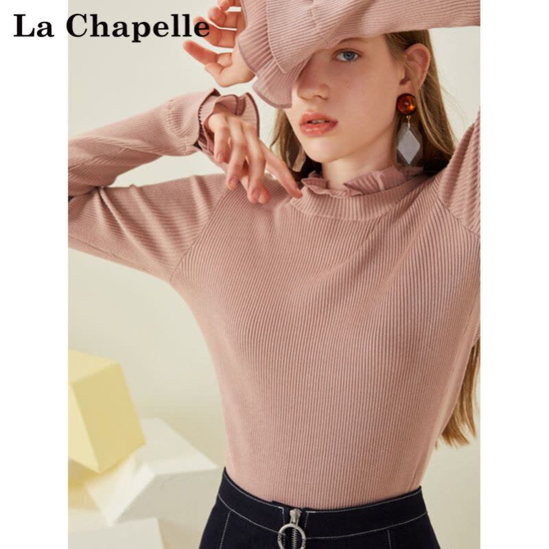 拉夏贝尔专柜cies新款修身显瘦韩版套头荷叶袖打底针图片