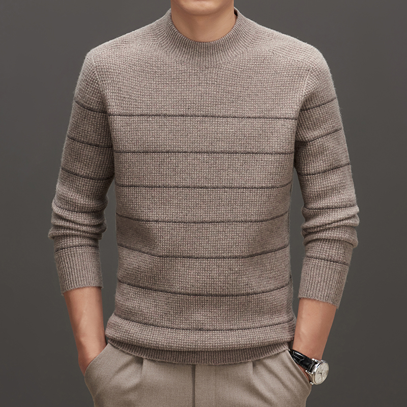 免费试穿 羊绒衫男圆领100%纯山羊绒衫条纹宽松打底衫加厚男士毛衣羊毛衫100%纯羊毛套头羊绒衫男士保暖上衣 浅卡其 170