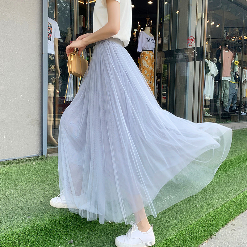 暖青汇半身裙女2020春款网纱高腰百褶裙遮胯中长款纱
