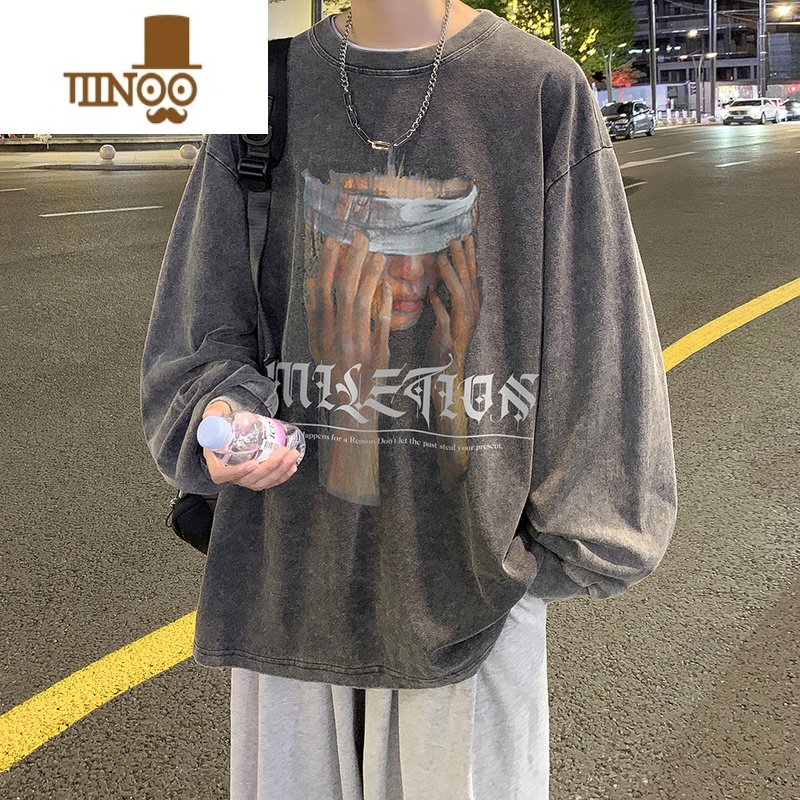 YANXU欧美高街vibe加绒卫衣男潮牌美式水洗做旧无帽长袖T恤高清大图