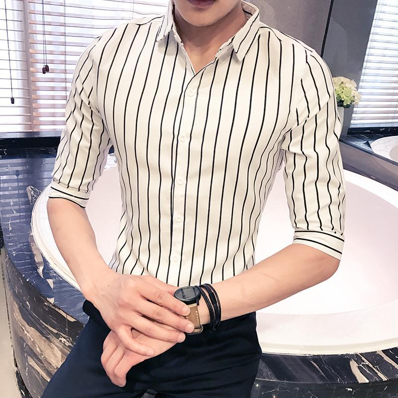 青年条纹七分袖衬衫男 夏装韩版修身型师夜店衬衣男 中袖寸衫男