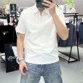 夏季新款休闲男士短袖polo衫时尚轻奢提花透气拉链反领半袖翻领T 白色 L