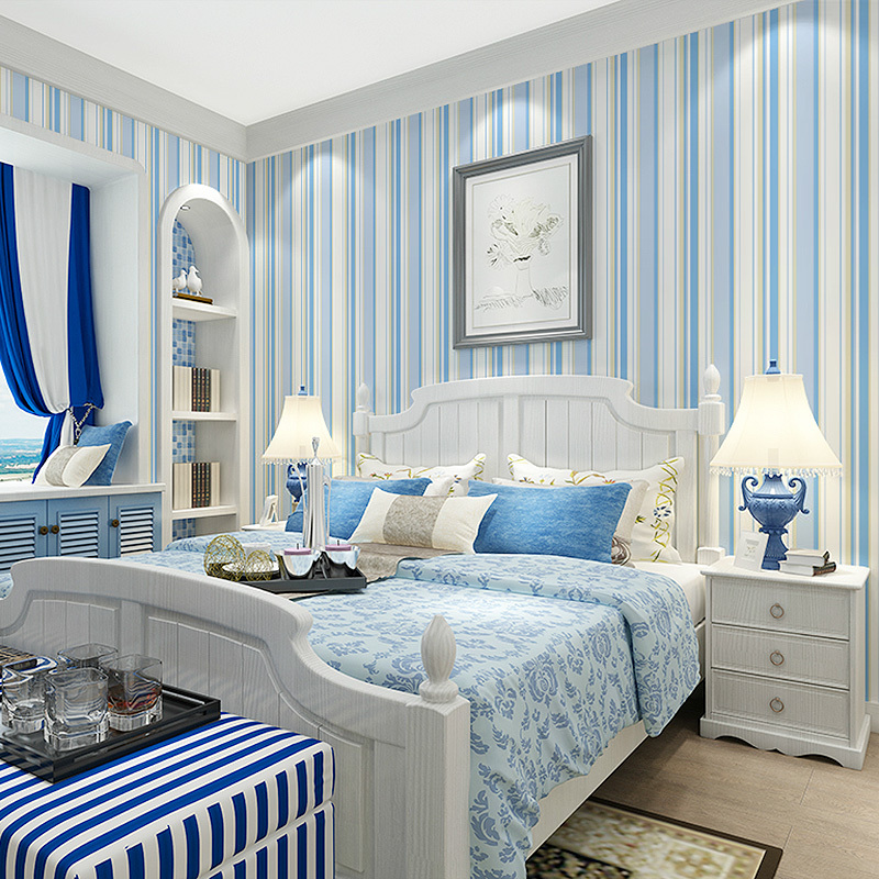 儿童房壁纸男孩环保无纺布房间装修女孩小清新条纹地中海墙纸卧室壹德