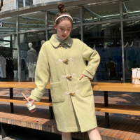 [2.5折价212元]唐狮冬装新款仿毛呢外套女牛角扣大衣中长款外套宽松潮原宿风