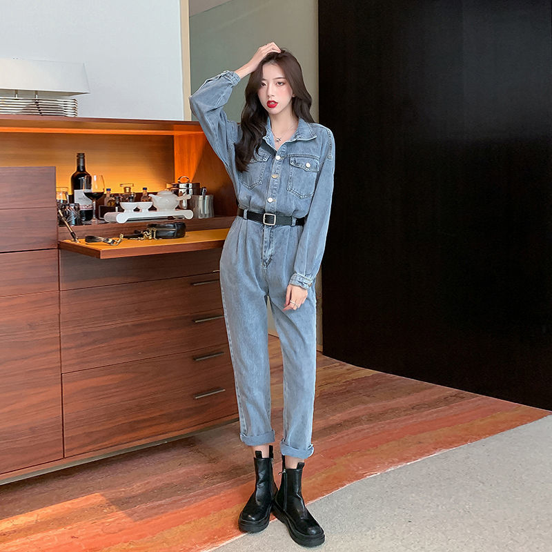 权小威 牛仔连体裤女工装套装2021早秋新款外套显瘦直筒裤两件套