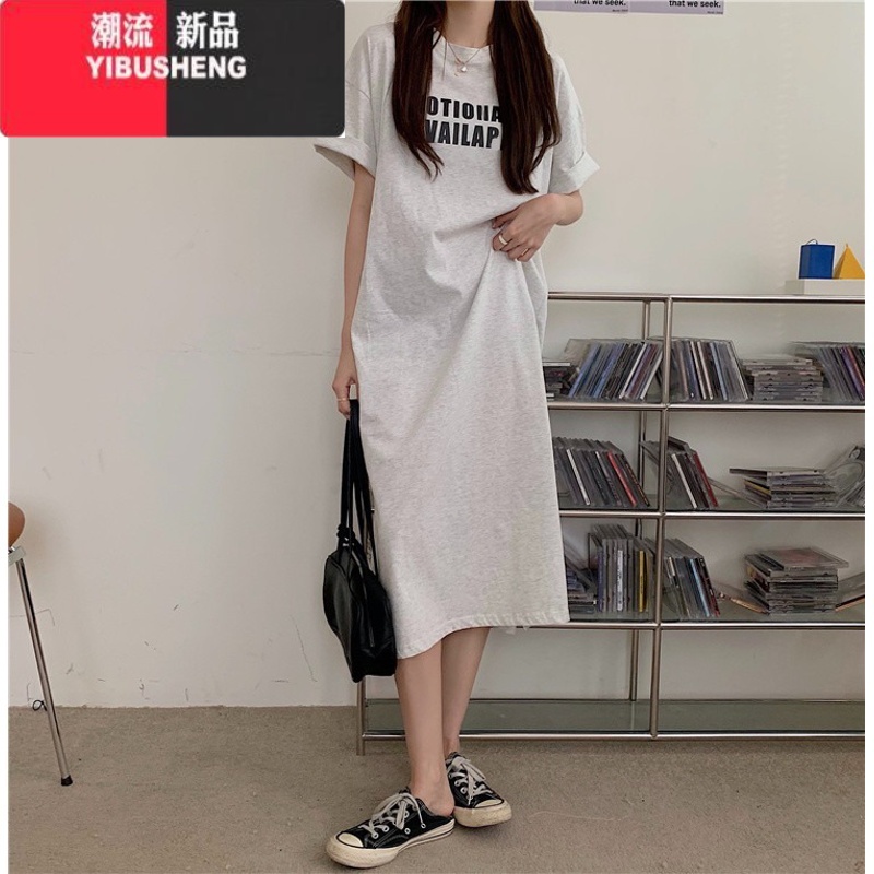 YIBUSHENG中长款T恤裙懒人过膝长裙宽松大码开叉孕妇休闲短袖连衣裙子