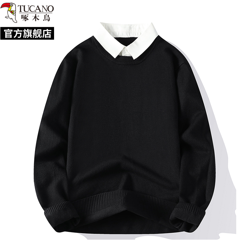 啄木鸟春秋冬季新款假两件衬衫领商务针织毛衣男士保暖内搭打底鸟高清大图