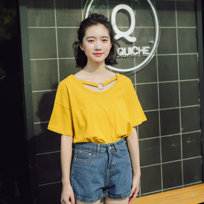 绅士空间(SENSIKJ)前后两穿小心机挂脖短袖t恤女装学生夏季小清新纯色百搭上衣宽松