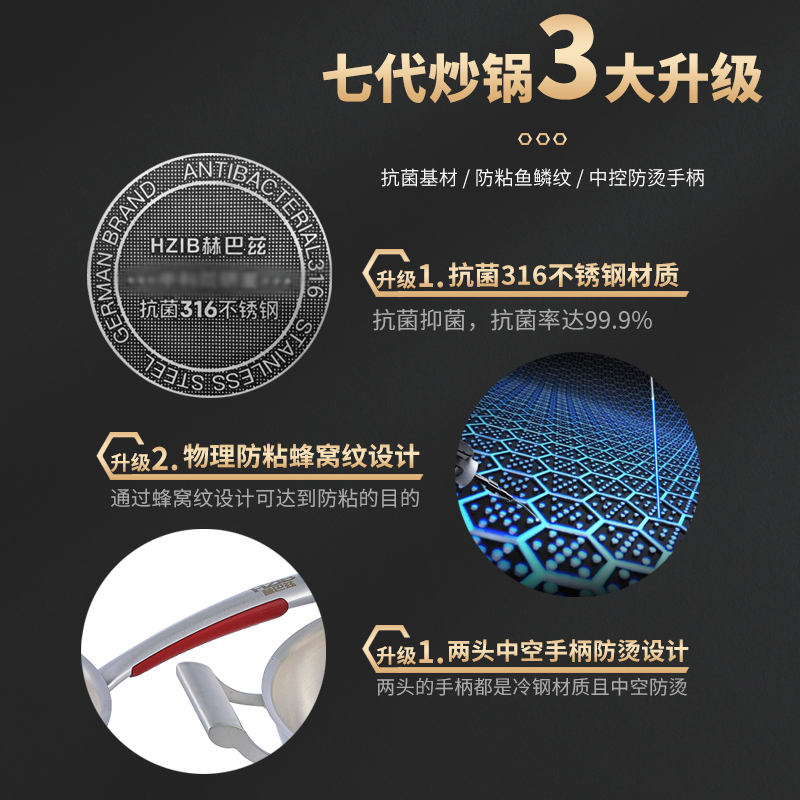 赫巴兹316不锈钢炒锅抗菌蜂窝炒菜锅家用电磁炉燃气铁锅高清大图