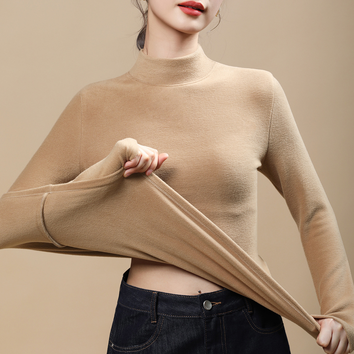 双面德绒打底衫女冬季加绒加厚2025新款洋气大码中领秋冬保暖内衣高清大图