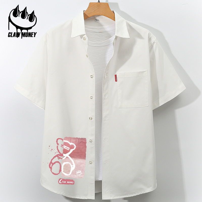 Claw money薄款短袖衬衫男女五分袖夏季潮流冰丝情侣装衬衣外套男