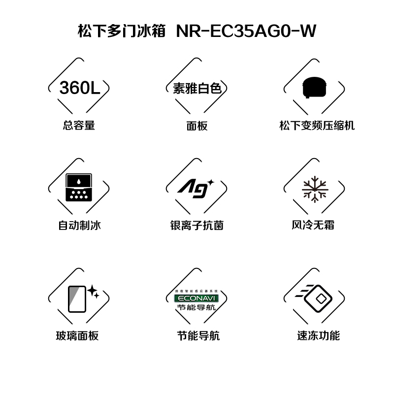 松下(Panasonic) 360升冰箱三门冰箱变频超薄风冷冰箱自动制冰节能导航家用冰箱NR-EC35AG0-W高清大图