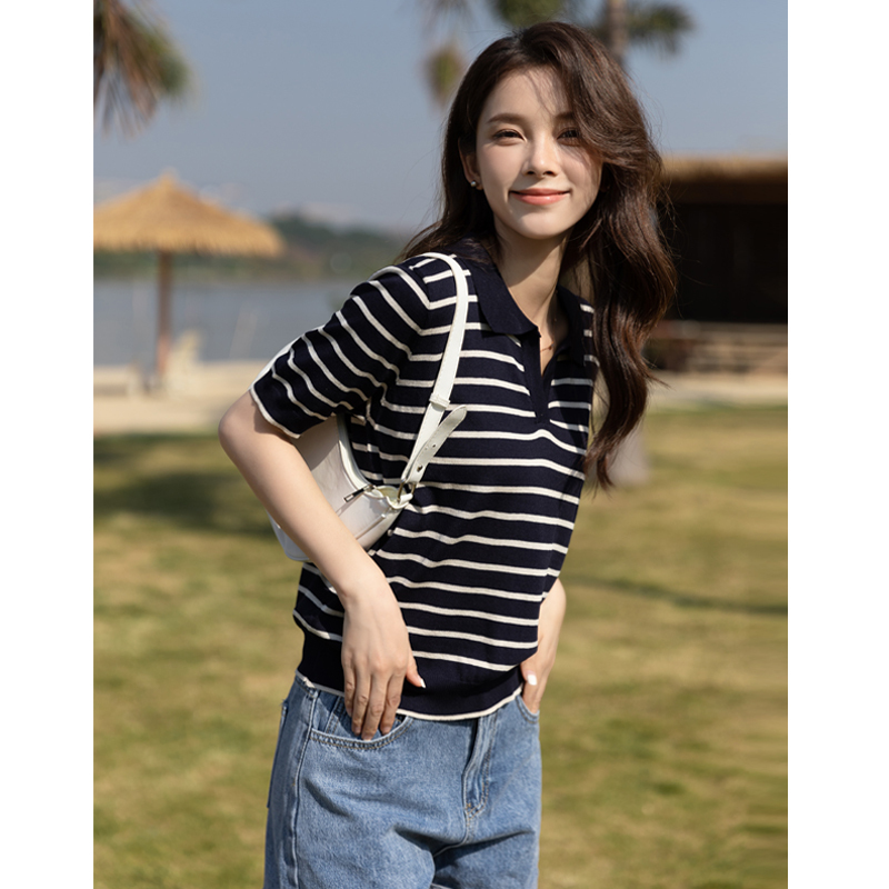 韩版t恤慵懒风条纹短袖针织衫女百搭打底衫polo上衣女