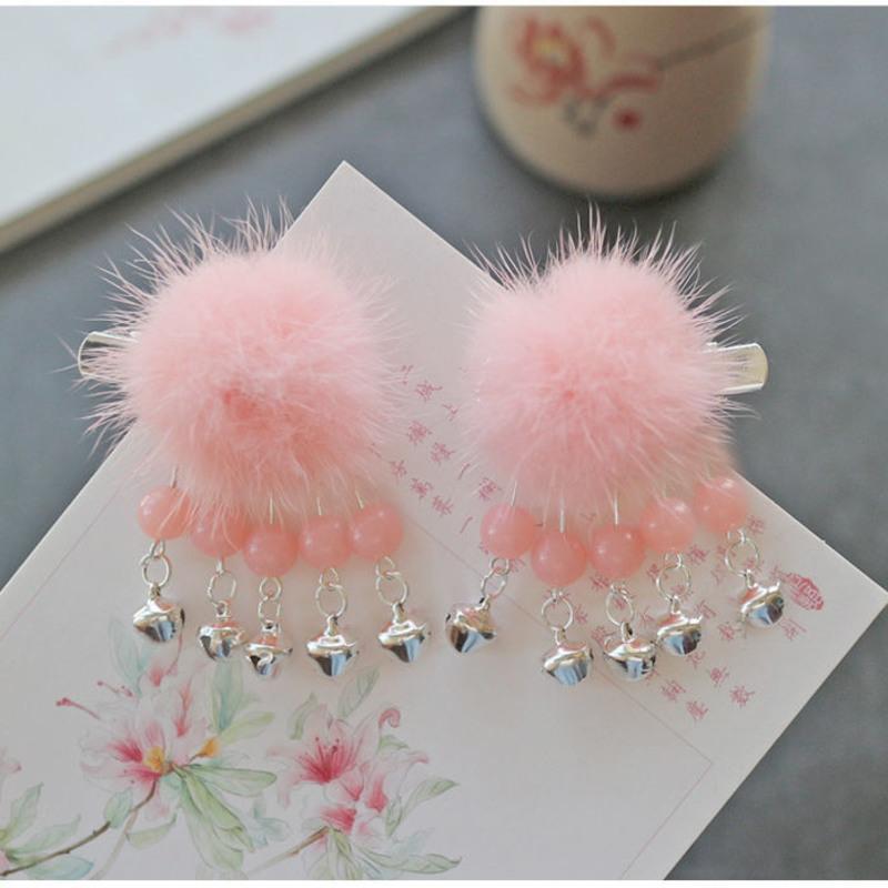 百搭女童古风发饰发夹可爱铃铛毛球发夹女孩发卡儿童汉服对夹水貂毛球