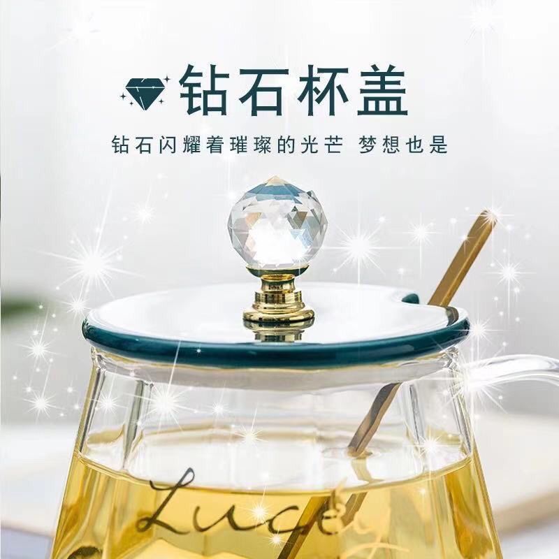 平盖绿色lucky 快递泡沫包装 恒温玻璃杯子透明带把咖啡杯情侣水杯女家用茶杯伴手礼马克杯带盖