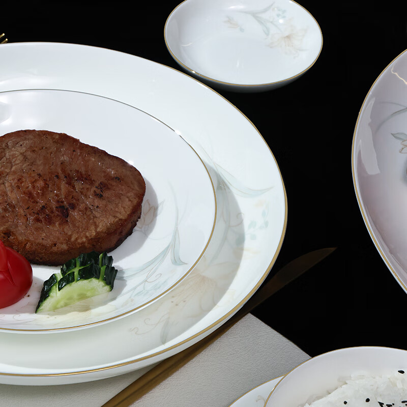 晋宝源骨瓷碗中式餐具套装饭碗盘家用饭盘菜盘乔迁礼盒套装餐具 香妃6英寸高脚碗 2头高清大图