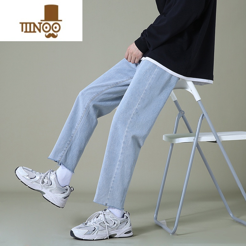 YANXU夏季浅蓝色牛仔裤男九分裤直筒宽松男士休闲韩版潮流毛边长裤子高清大图