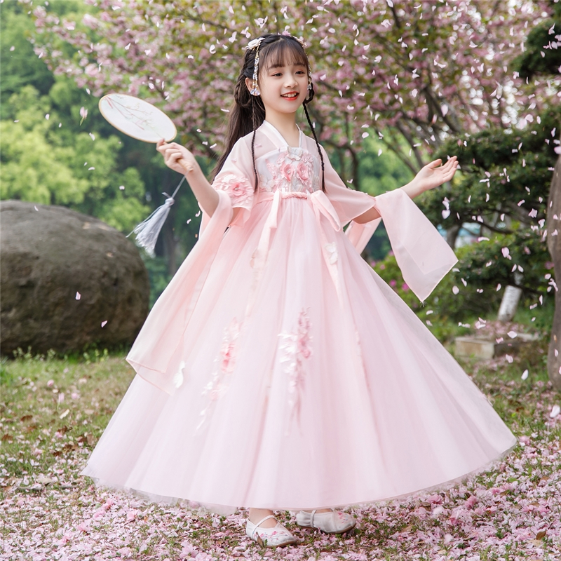 小女孩汉服女童夏装仙女裙抖音齐襦裙夏季儿童古装雪纺短袖连衣裙