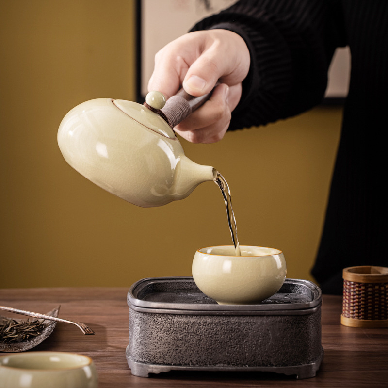 米黄汝窑复古日式茶壶卫全行家用开片可养侧把壶陶瓷纯手工黑檀木柄泡茶