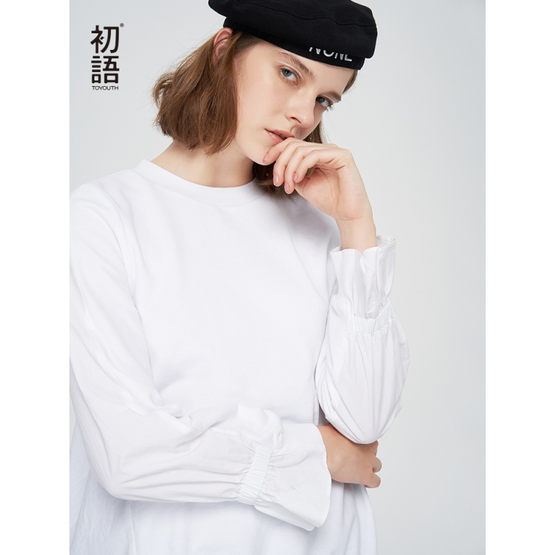 初语女士卫衣/帽衫 初语白色卫衣女秋装新款通勤休闲半荷叶袖修身百搭