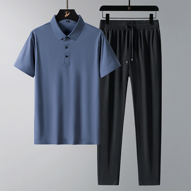 啄木鸟夏季冰丝款套装男士无痕T恤短袖POLO+休闲裤子男两件装父亲 119906灰蓝色 L